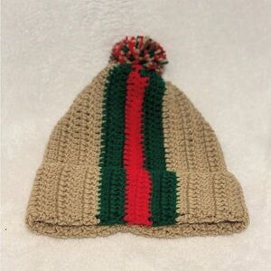 Tan Crochet Beanie with Red and Green Stripes